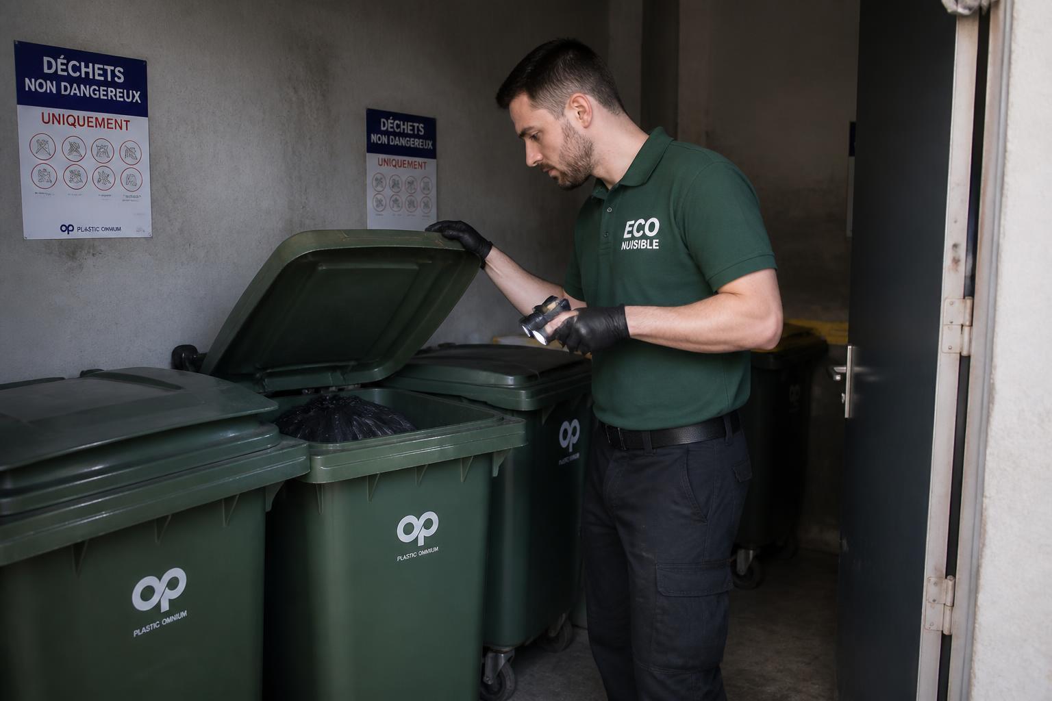 Technicien ECO NUISIBLE inspectant un local poubelle à Bordeaux