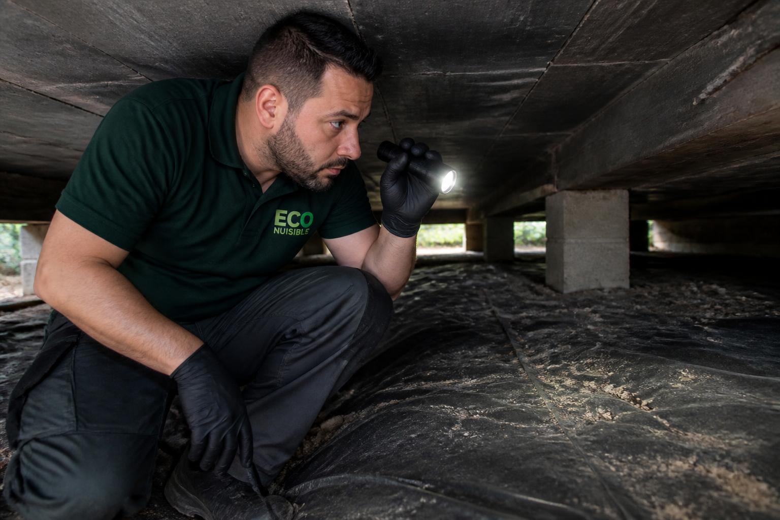 Technicien ECO NUISIBLE inspectant un vide sanitaire à la lampe torche
